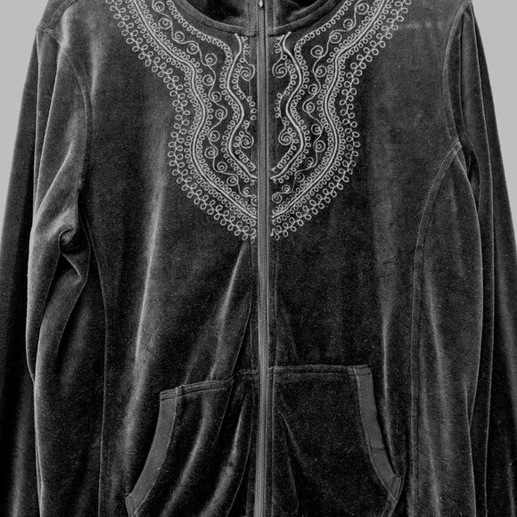 Vintage Velour Tracksuit Womens L Embellished Bling Full Zip 2pc Set Black - Picture 9 of 16